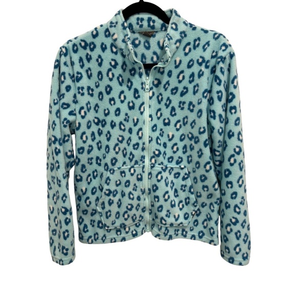 EDDIE BAUER Girls Large 14/16 Fleece Jacket Full Zip Blue Leopard EUC - Picture 1 of 3